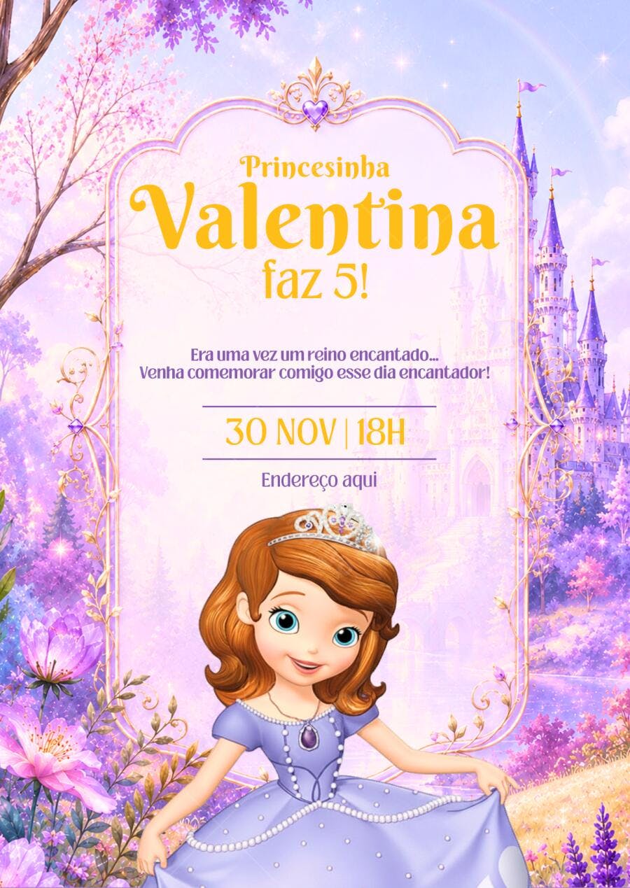 Convite Aniversário Princesa Sofia 5 Anos Editável