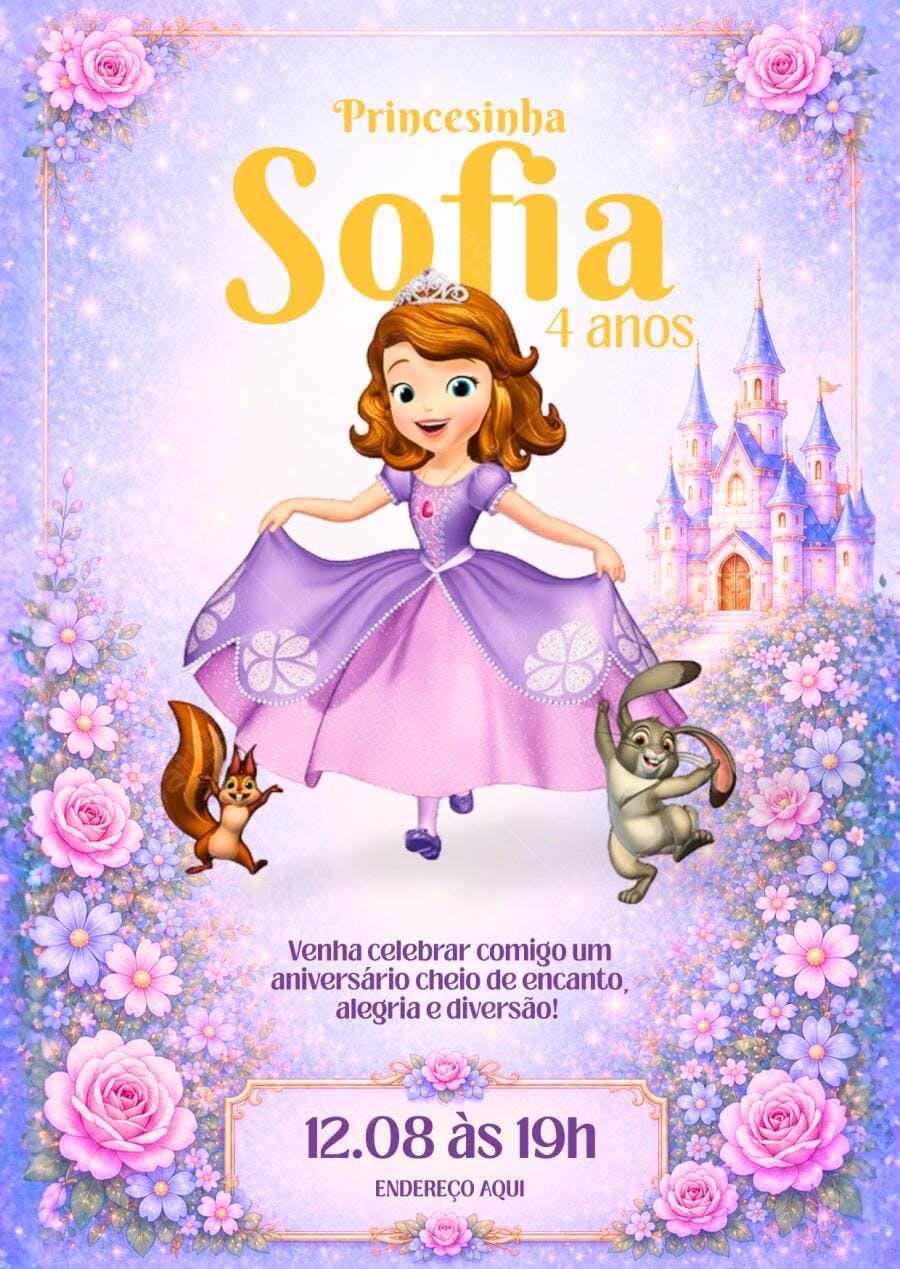 Convite Aniversário Princesinha Sofia 4 Anos Editável