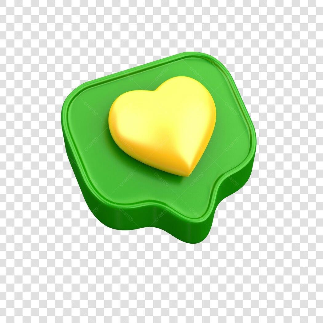 Elemento 3D Coração Amarelo Balão de Fala Verde PNG Fundo Transparente