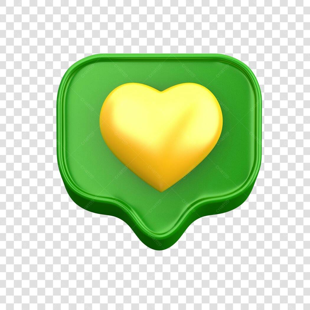 Elemento 3D Coração Amarelo Balão Fala Verde PNG Fundo Transparente