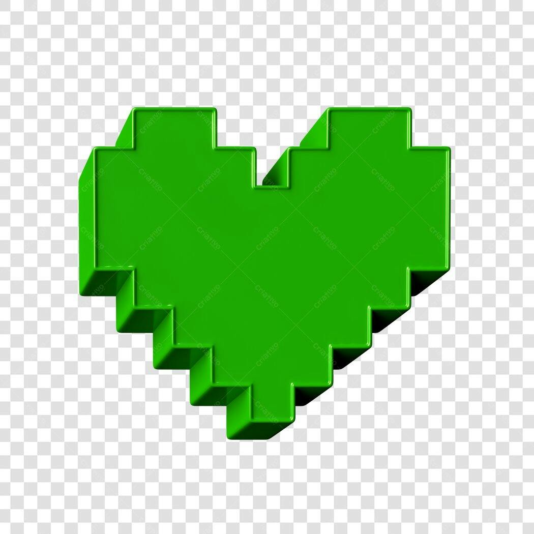 Elemento 3D Coração Pixel Verde PNG Fundo Transparente