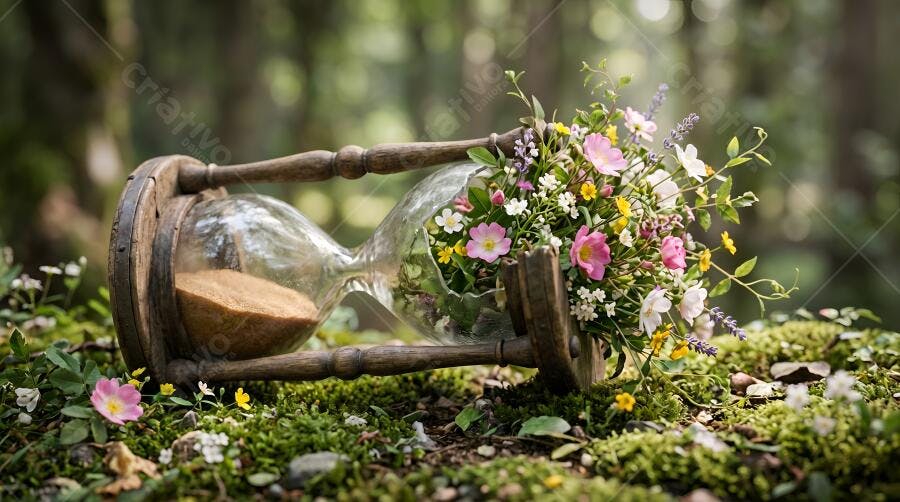 Foto Ampulheta Antiga com Flores na Floresta Musgosa
