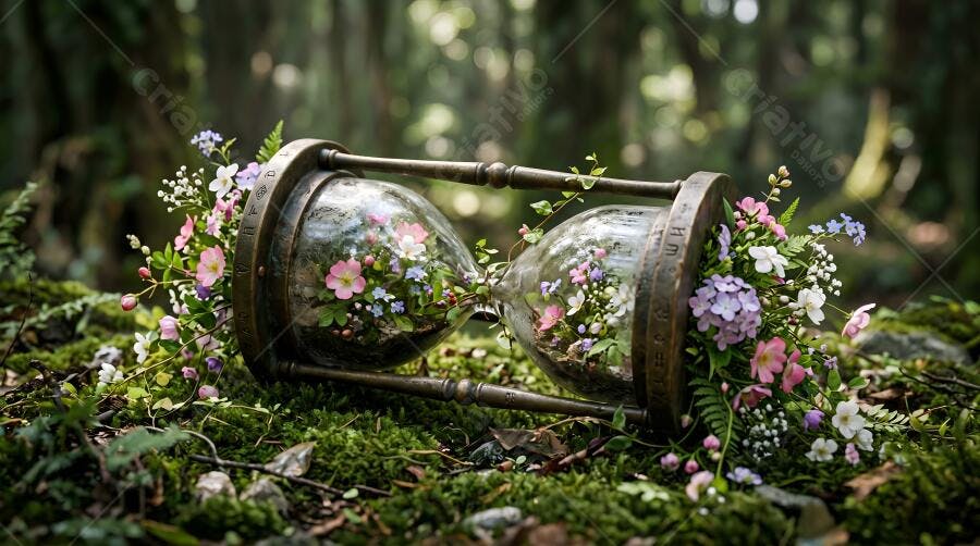 Foto Ampulheta com Flores em Floresta Musgosa Luz Natural