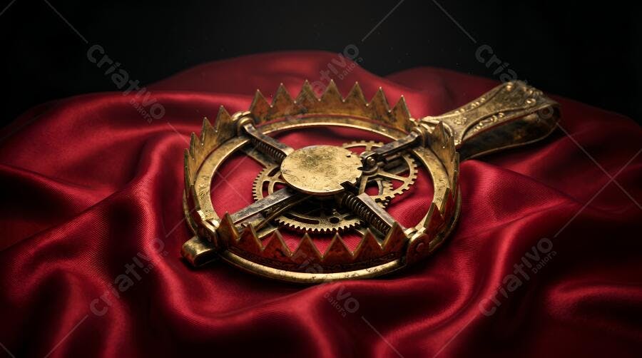 Foto Armadilha Dourada Steampunk Engrenagens Tecido Vermelho