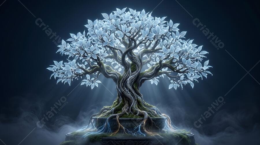 Foto Árvore Bonsai Mística com Folhas Brancas Iluminadas