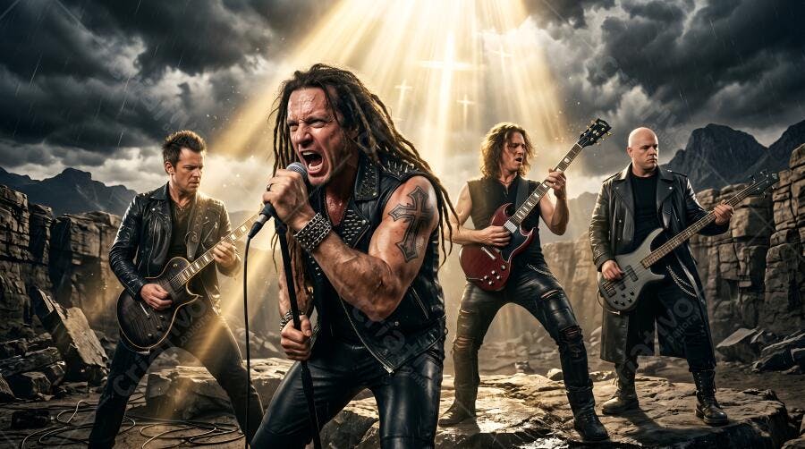 Foto Banda de Heavy Metal Cantando Palco ao Ar Livre