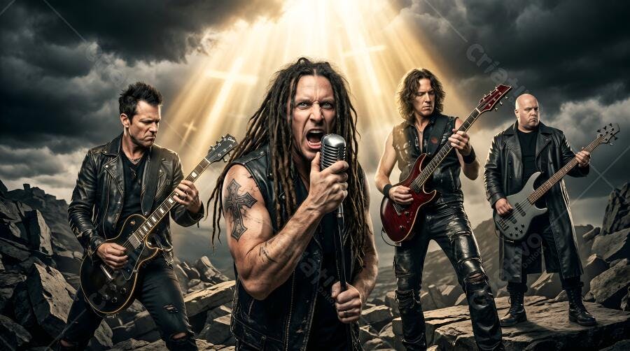 Foto Banda de Rock Pesado Cantando Palco Céu Dramático