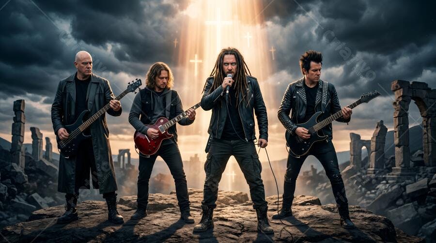 Foto Banda de Rock Tocando Palco Apocalíptico Céu Dramático