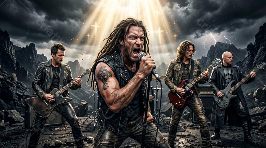 Foto Banda Rock Heavy Metal Cantando Palco Externo Céu Tempestuoso