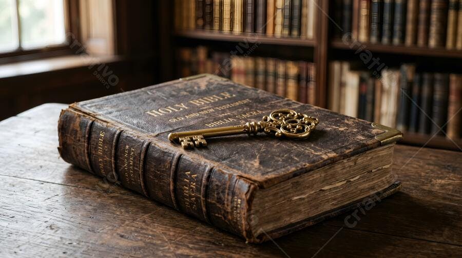Foto Bíblia Antiga Chave Dourada Mesa Madeira Biblioteca