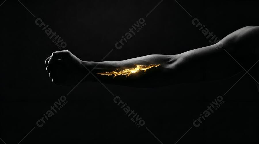 Foto Braço Humano com Energia Dourada Brilhante Fundo Escuro