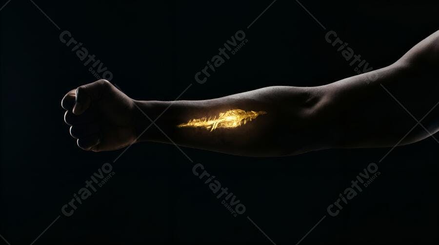 Foto Braço Humano Punho Cerrado Pena Dourada Brilhante