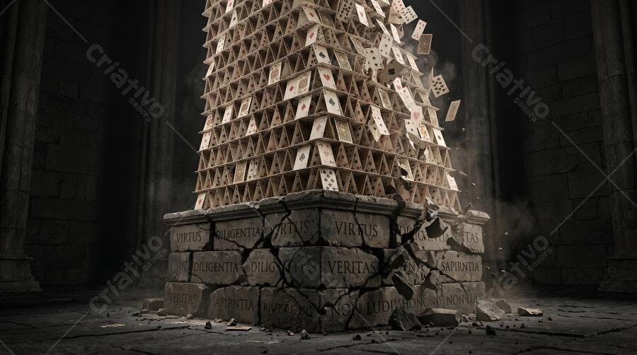 Foto Castelo de Cartas Desmoronando Base Rachada Conceito Instabilidade