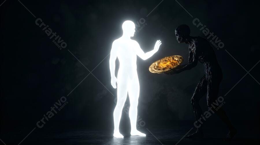 Foto Conceitual Homem Luminoso Rejeitando Oferta Escuridão