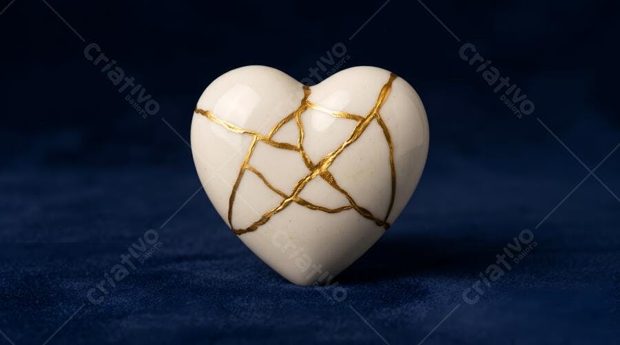 Foto Coração Kintsugi Cerâmica Dourada Fundo Azul Escuro