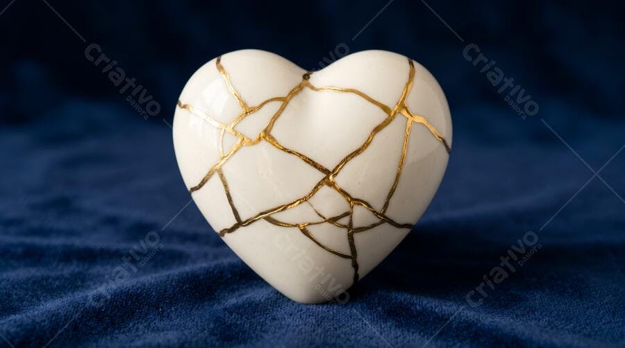 Foto Coração Kintsugi Dourado Fundo Azul Escuro