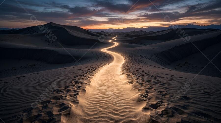 Foto Deserto Dunas Caminho Iluminado Pôr do Sol Crepúsculo