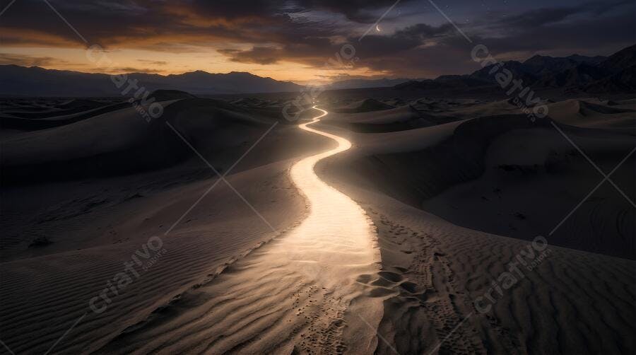 Foto Deserto Dunas Caminho Iluminado Pôr do Sol Paisagem