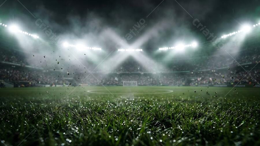 Foto Estádio Futebol Iluminado Gramado Molhado Noite