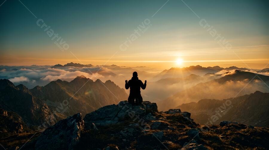 Foto Homem Ajoelhado Montanha Nascer do Sol Nuvens
