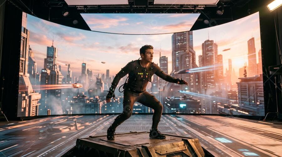 Foto Homem Captura Movimento Cenário Virtual Cidade Futuro
