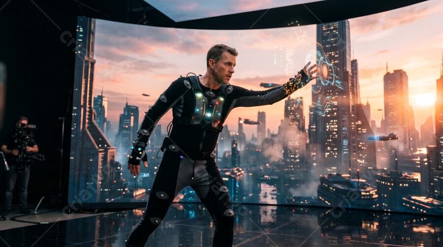 Foto Homem Captura Movimento Cenário Virtual Futurista Estúdio