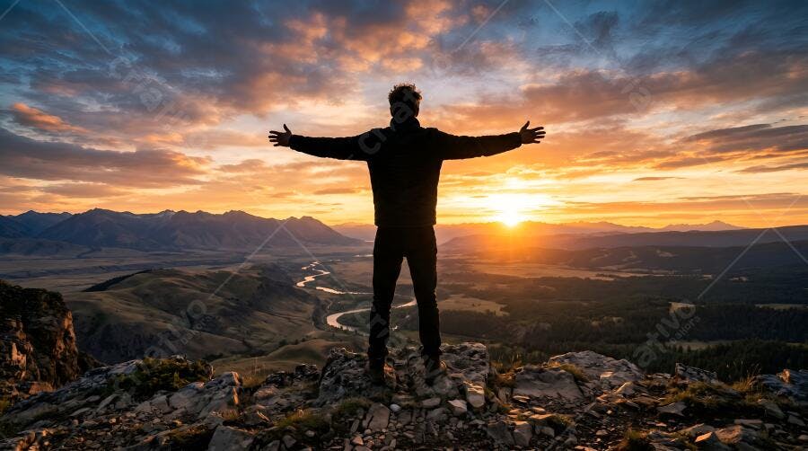 Foto Homem Celebrando Topo Montanha Pôr do Sol Liberdade
