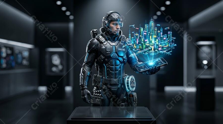 Foto Homem Ciborgue Holograma Cidade Futuro Tecnologia IA