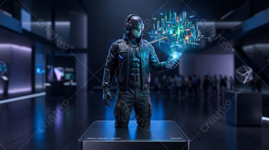 Foto Homem Ciborgue Holograma Cidade Futuro Tecnologia