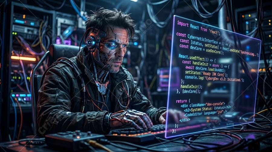 Foto Homem Ciborgue Programando Código Tela Holográfica Sala Servidores