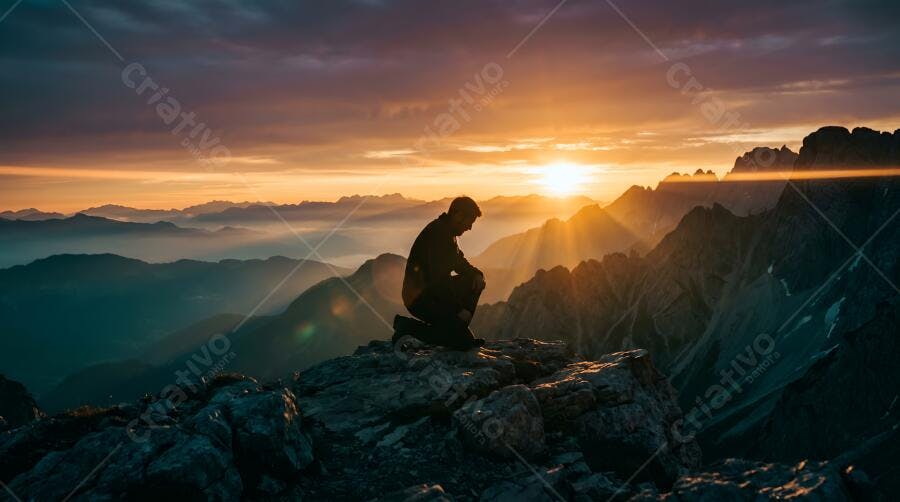 Foto Homem Contemplando Pôr do Sol Montanhas Natureza