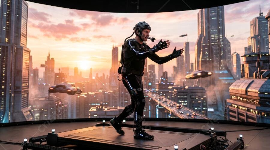 Foto Homem em Roupa de Captura de Movimento Cenário Urbano Futurista