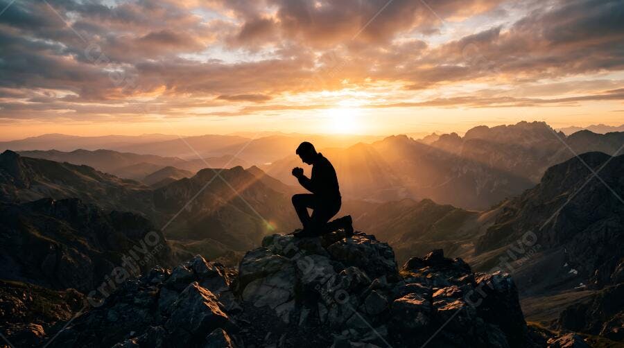 Foto Homem Orando Silhueta Montanha Pôr do Sol Espiritualidade
