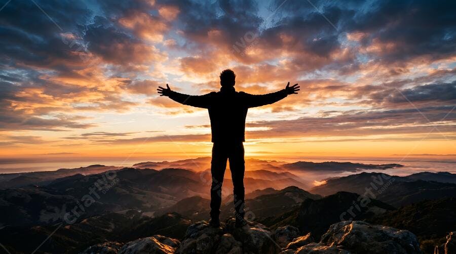 Foto Homem Silhueta Braços Abertos Montanha Pôr do Sol
