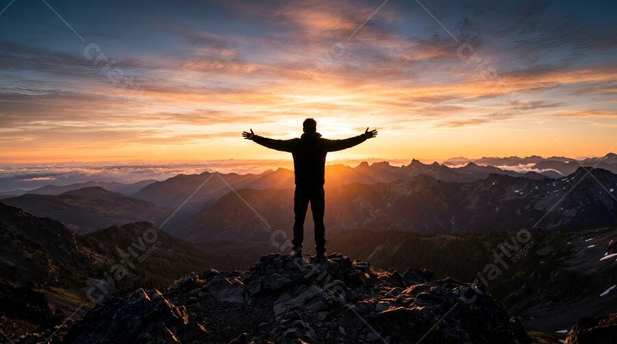 Foto Homem Silhueta Braços Abertos Topo Montanha Pôr do Sol