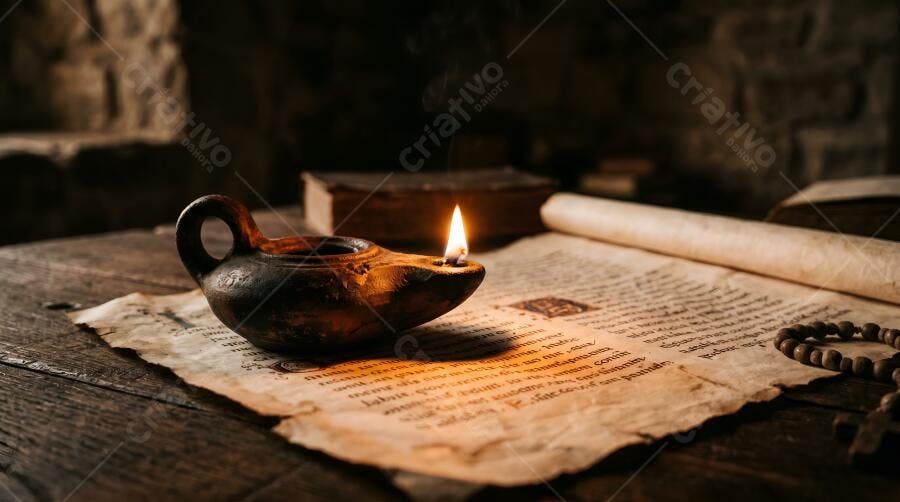 Foto Lâmpada a Óleo Antiga Iluminando Manuscrito Histórico