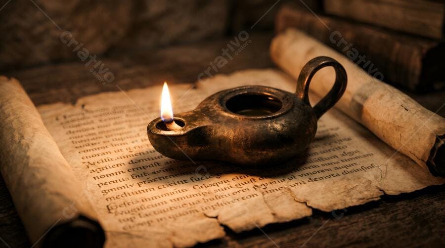 Foto Lâmpada a Óleo Antiga Papiro Escrito Luz Chama