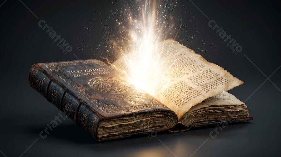 Foto Livro Antigo Aberto Luz Mágica Brilhante Conhecimento
