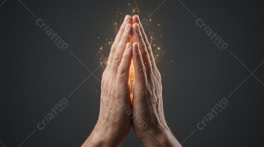 Foto Mãos em Oração com Luz Dourada Fundo Escuro