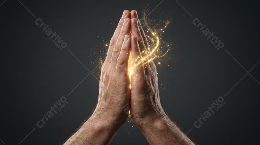 Foto Mãos Orando com Luz Dourada Fundo Escuro Espiritualidade