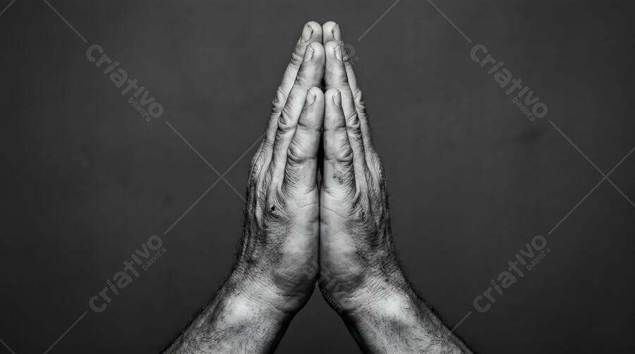 Foto Mãos Orando em Preto e Branco Fundo Escuro