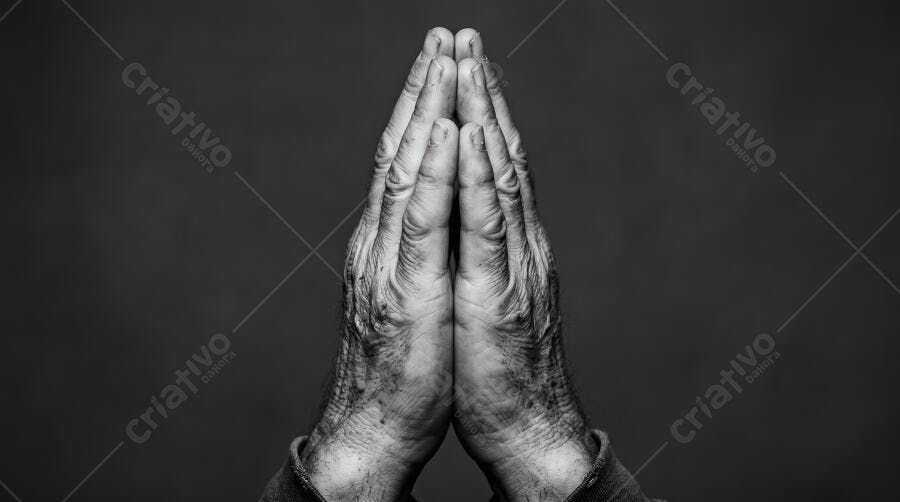 Foto Mãos Orando Prece Fundo Escuro Preto e Branco