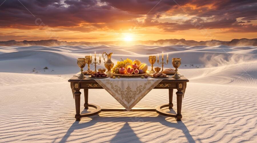Foto Mesa de Banquete com Frutas e Taças Douradas Deserto Pôr do Sol