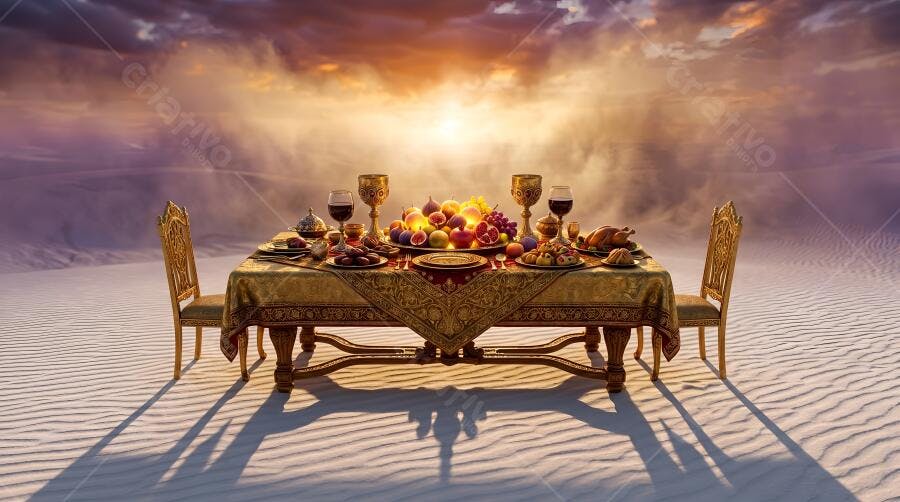 Foto Mesa de Banquete Luxuosa Deserto Pôr do Sol Fantasia