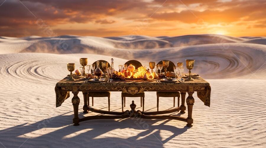Foto Mesa de Jantar Luxuosa Deserto Pôr do Sol Fantasia