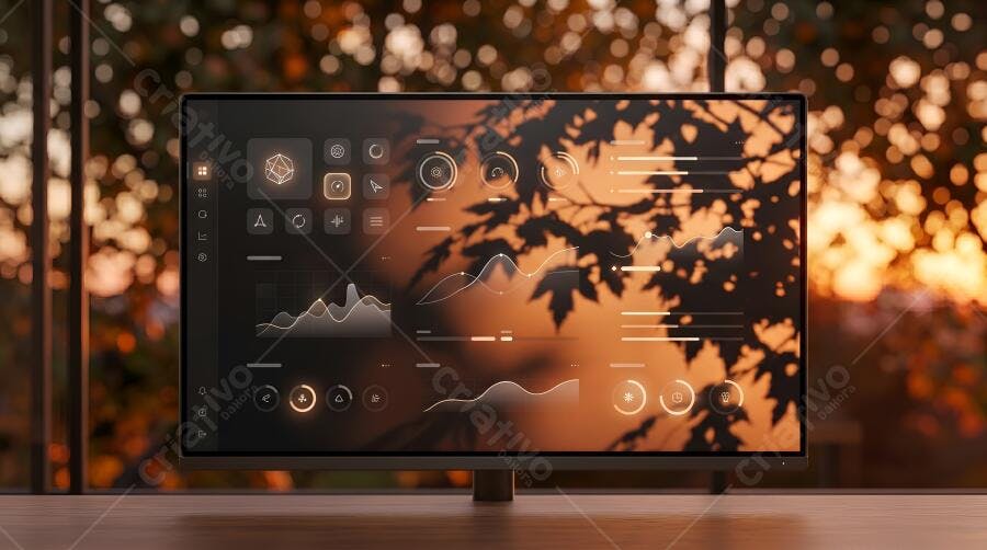 Foto Monitor Computador Desktop Tela Dados Gráficos Pôr do Sol
