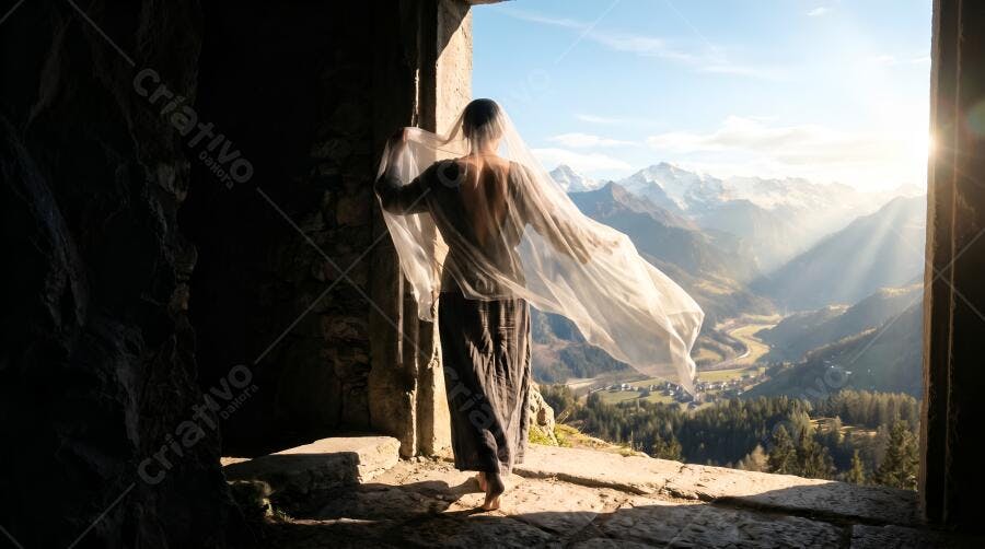 Foto Mulher Admirando Montanhas Vale Luz Dourada