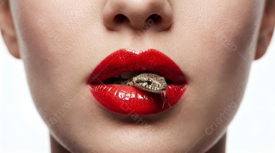 Foto Mulher Boca Batom Vermelho Cobra Pequena Detalhe