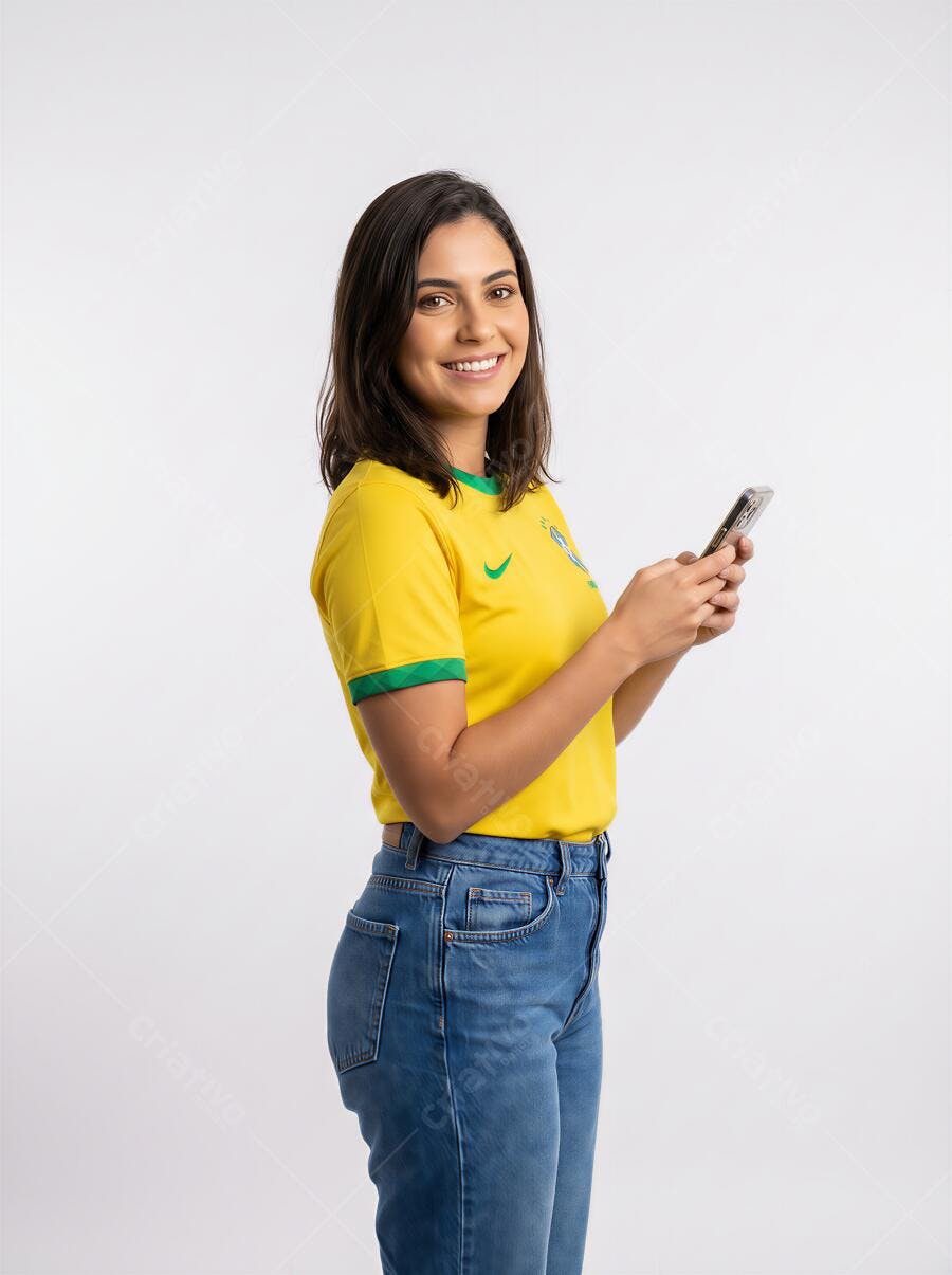 Foto Mulher Brasileira Sorrindo Usando Celular Camisa Seleção