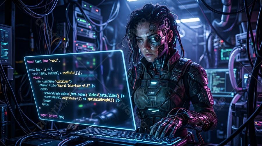 Foto Mulher Ciborgue Programando Código Tela Holográfica Futuro